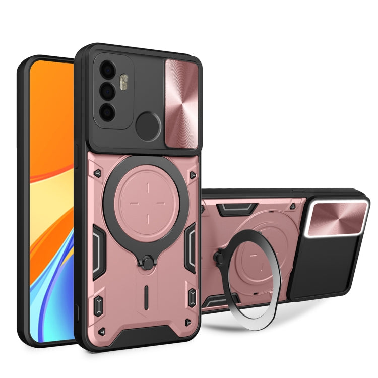 Pink and black phone case with sliding magnetic camshield ring holder and stand
