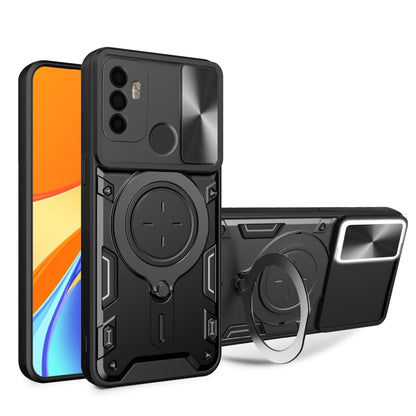 Black phone case with sliding magnetic camshield ring holder and kickstand