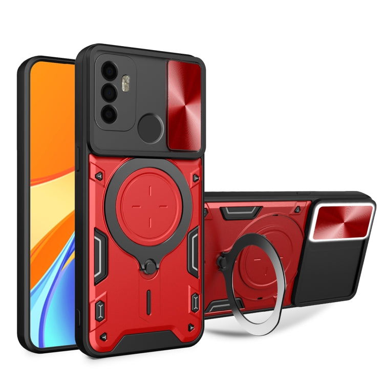 Red and black phone case with sliding magnetic camshield ring holder and stand