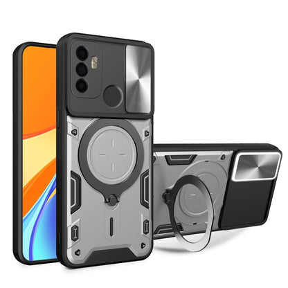 Gray and black phone case with sliding magnetic camshield ring holder and stand