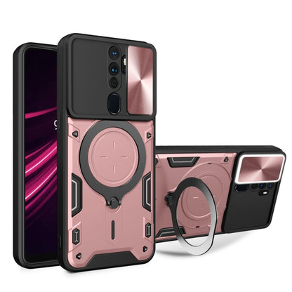 Rose pink and black phone case with sliding magnetic camshield ring holder