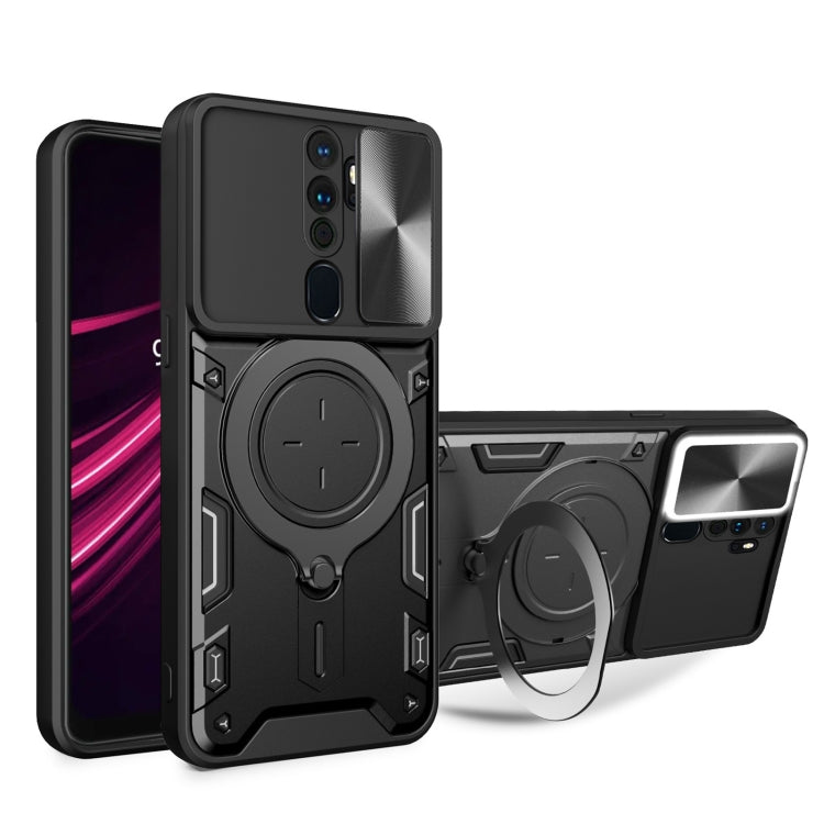 Dark gray and black phone case with sliding magnetic camshield ring holder stand