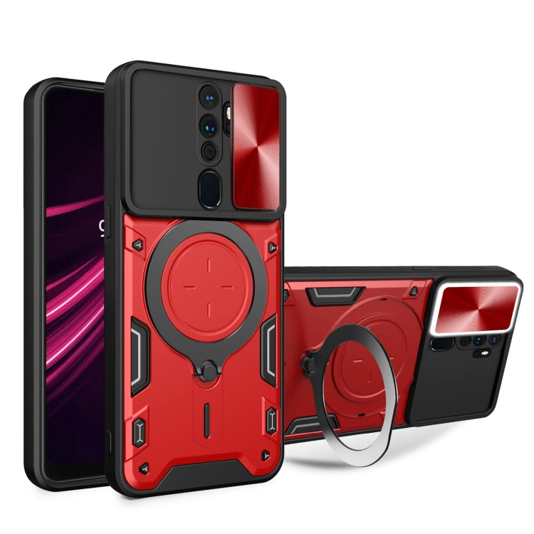 Red and black phone case with sliding magnetic camshield ring holder stand