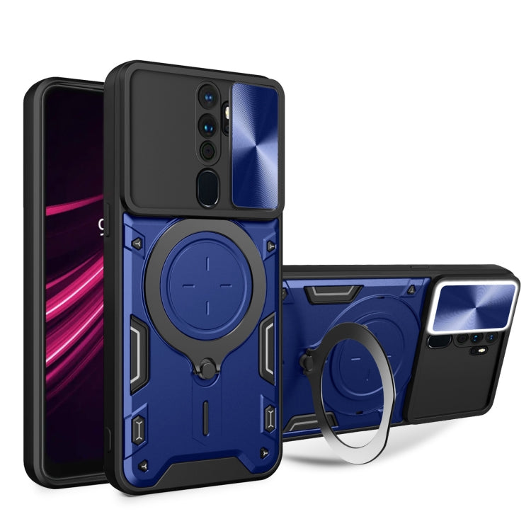 Blue phone case with magnetic camshield ring holder and sliding cover