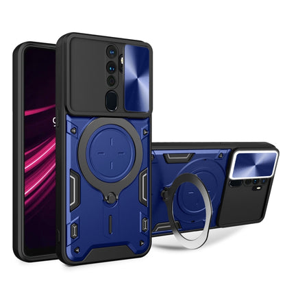 Blue phone case with magnetic camshield ring holder and sliding cover