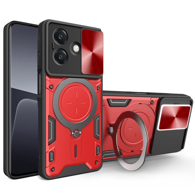 Red sliding camshield phone case with magnetic holder and CD texture accents