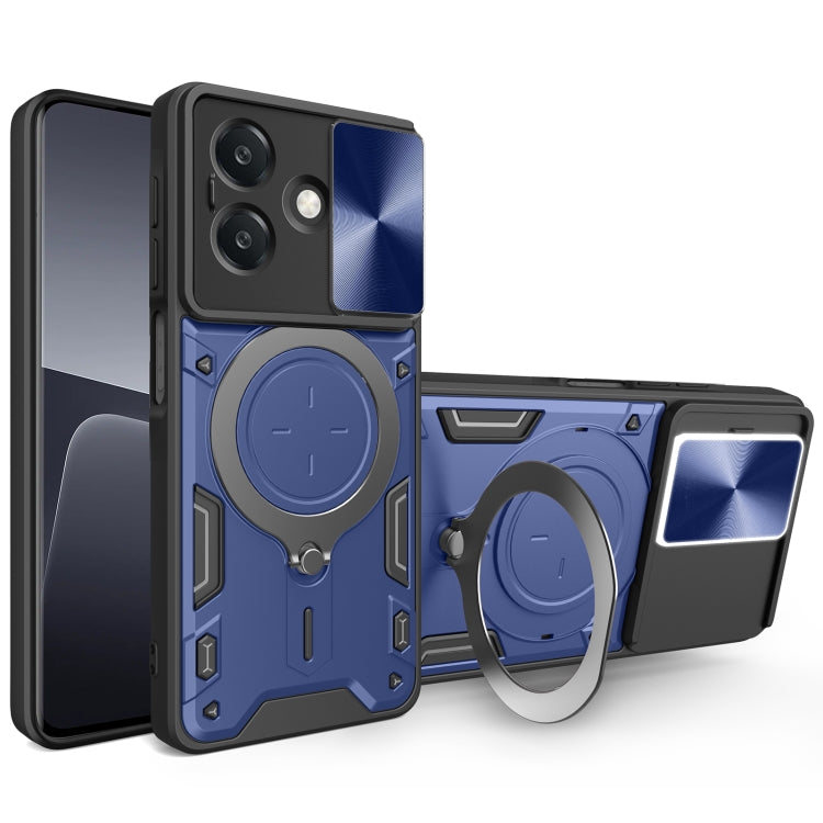 Blue sliding camshield phone case with magnetic holder and CD texture accents