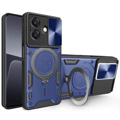 Blue sliding camshield phone case with magnetic holder and CD texture accents