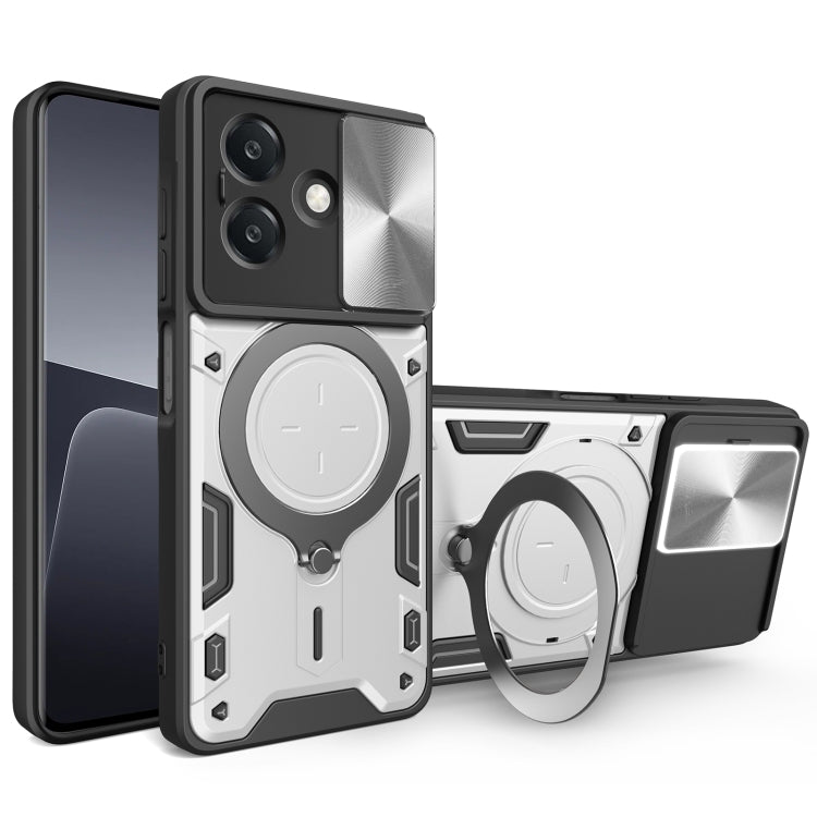 White and silver sliding camshield phone case with magnetic holder and CD texture
