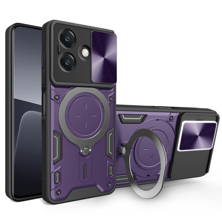 Purple phone case with sliding magnetic cam shield and CD texture stand