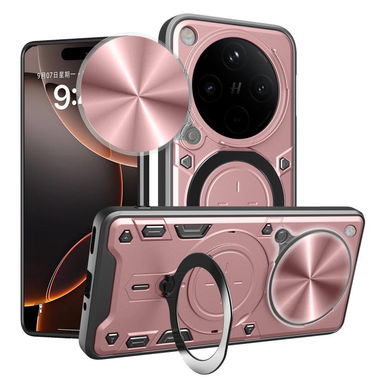 Phone case with sliding camshield and magnetic ring kickstand, pink with rose gold accents
