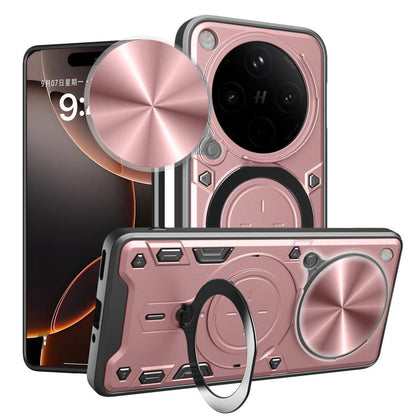 Phone case with sliding camshield and magnetic ring kickstand, pink with rose gold accents