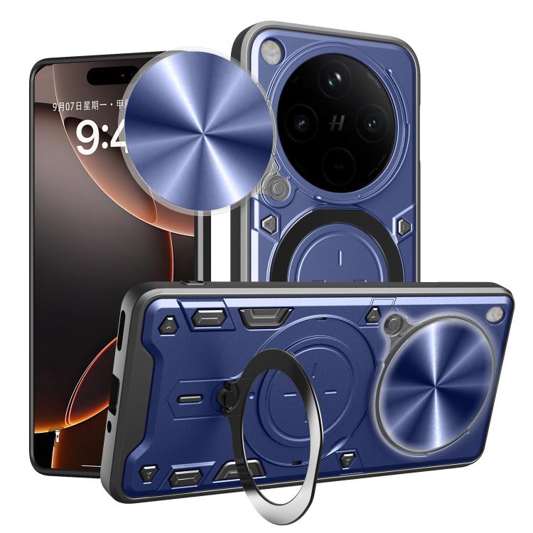 Phone case with sliding camshield and magnetic ring kickstand, blue with silver accents