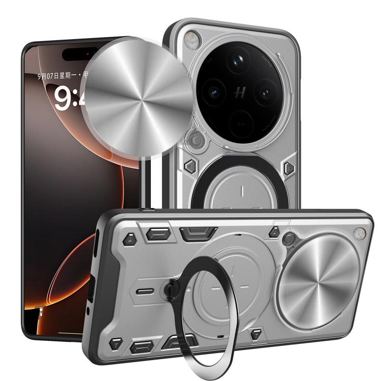 Phone case with sliding camshield and magnetic ring kickstand, light gray with silver accents