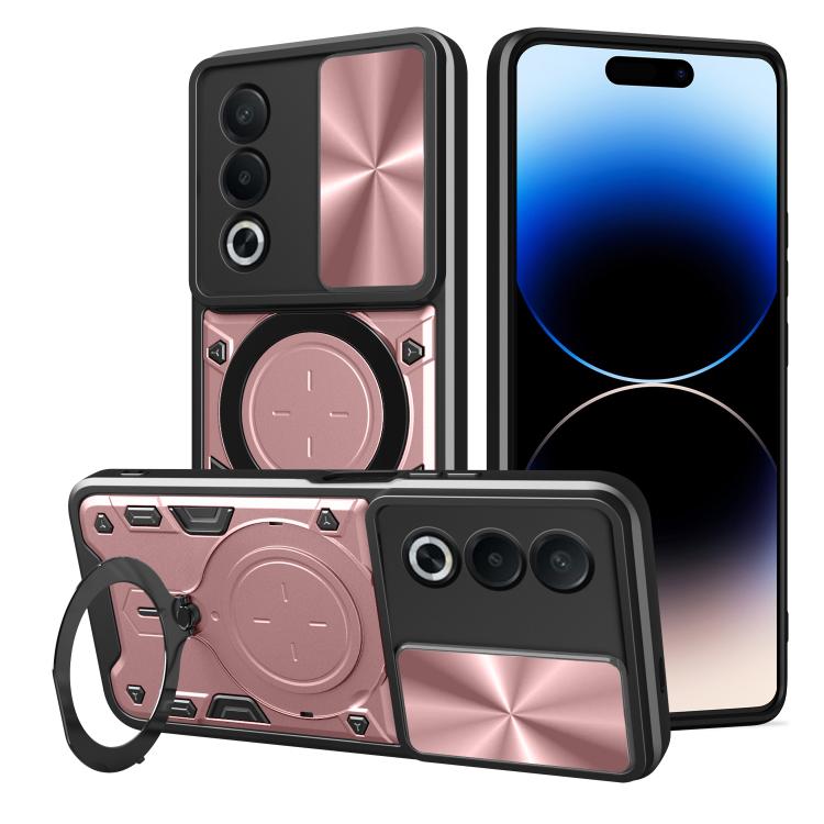 Sliding camshield magnetic phone case with kickstand ring, pink and black