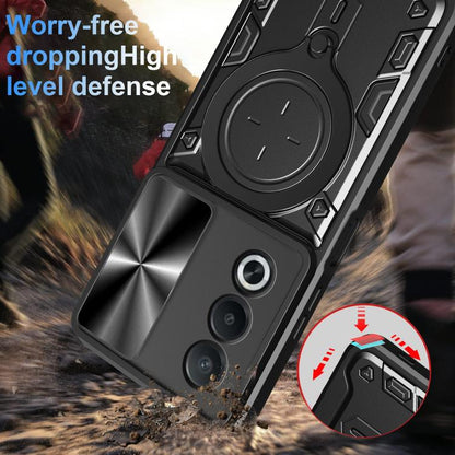 Black sliding camshield magnetic phone case with kickstand ring, rugged design