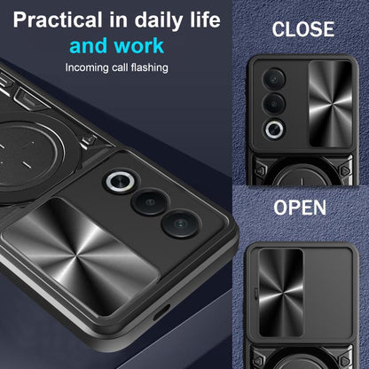 Black sliding camshield magnetic phone case with kickstand ring, open and closed views