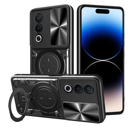 Black sliding camshield magnetic phone case with kickstand ring, front and back