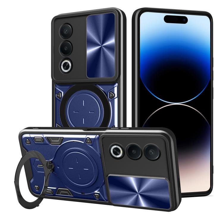 Sliding camshield magnetic phone case with kickstand ring, blue and black
