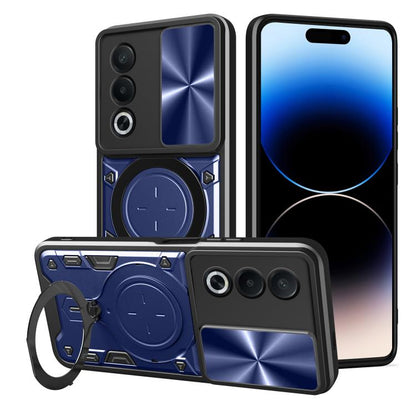 Sliding camshield magnetic phone case with kickstand ring, blue and black