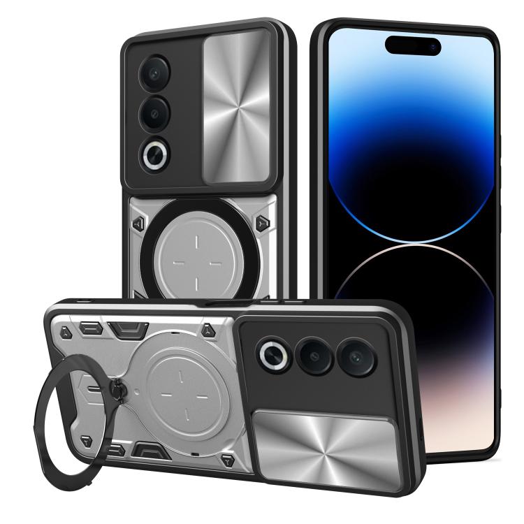 Phone case with sliding camshield and magnetic ring holder, dark gray with silver details