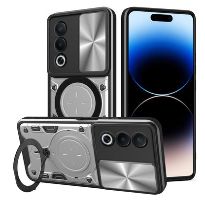 Phone case with sliding camshield and magnetic ring holder, dark gray with silver details