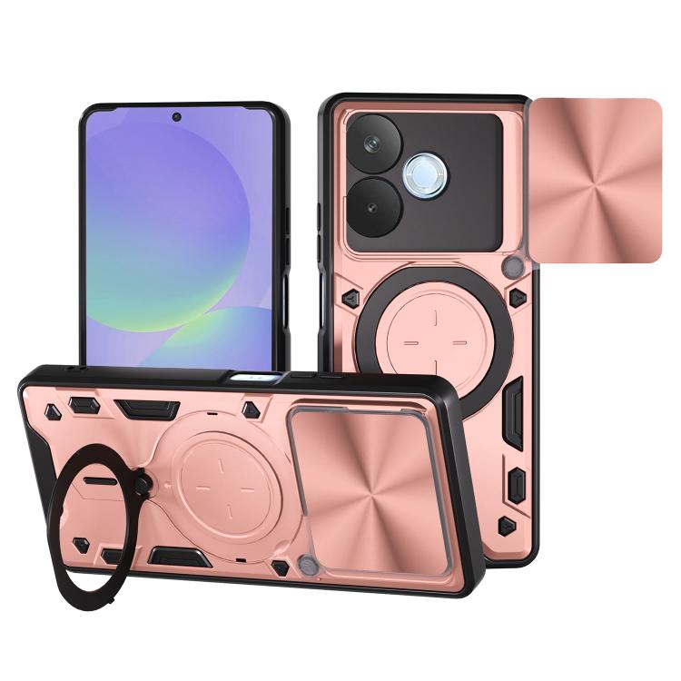 Pink phone case with slide-out magnetic holder, camshield cover, and rugged CD texture.