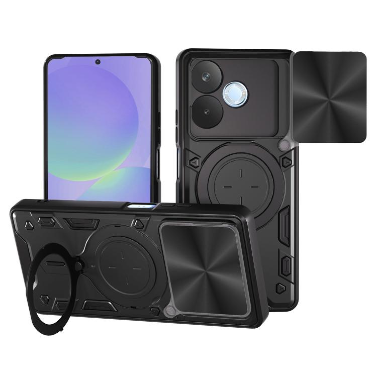 Black phone case with slide-out magnetic holder, camshield cover, and rugged CD texture.