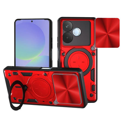 Red phone case with slide-out magnetic holder, camshield cover, and rugged CD texture.