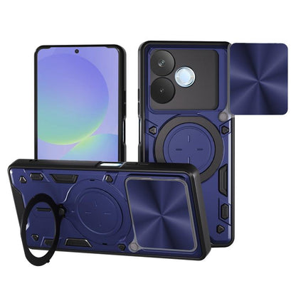 Navy blue phone case with slide-out magnetic holder, camshield cover, and rugged CD texture.