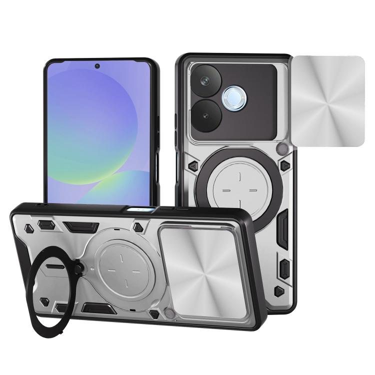 Silver-gray phone case with slide-out magnetic holder, camshield cover, and rugged CD texture.