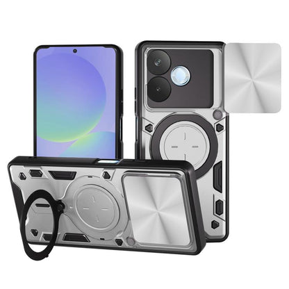 Silver-gray phone case with slide-out magnetic holder, camshield cover, and rugged CD texture.