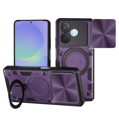 Lavender purple phone case with slide-out magnetic holder, camshield cover, and rugged CD texture.