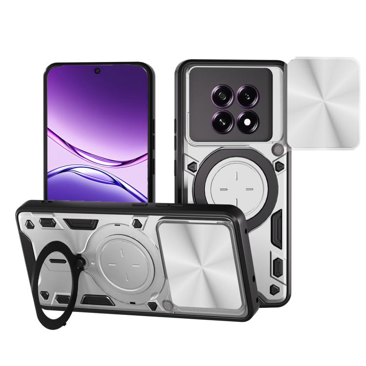 White phone case with slide-out magnetic holder, camshield cover, and rugged CD texture.