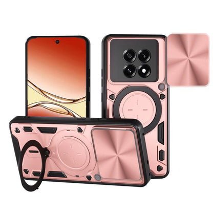 Pink rugged phone case with sliding camera cover and magnetic holder ring