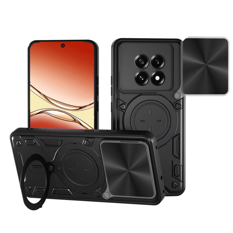 Black rugged phone case with sliding camera cover and magnetic holder ring