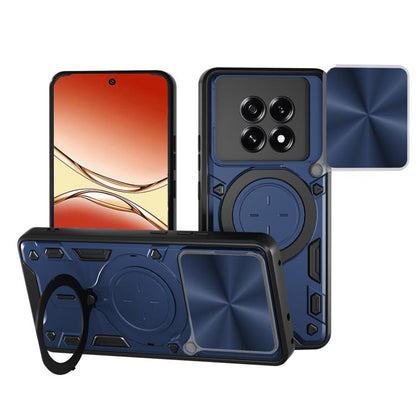 Blue rugged phone case with sliding camera cover and magnetic holder ring