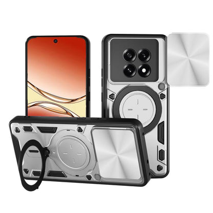 Silver rugged phone case with sliding camera cover and magnetic holder ring