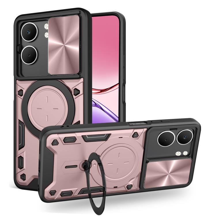 Sliding camshield magnetic phone case, pink with circular magnetic holder and camera shield.