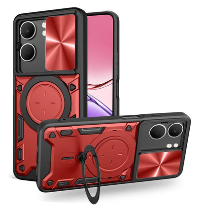 Sliding camshield magnetic phone case, red with circular magnetic holder and textured frame.