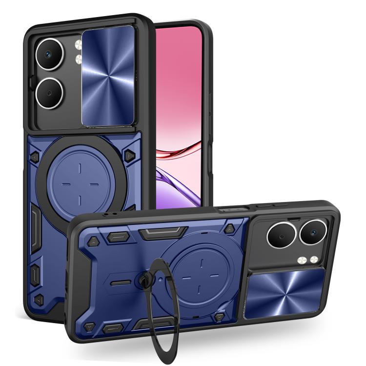 Sliding camshield magnetic phone case, blue with camera shield window and magnetic holder.