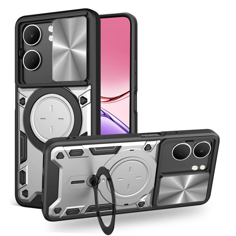 Sliding camshield magnetic phone case, silver with circular magnetic holder and ring strap.