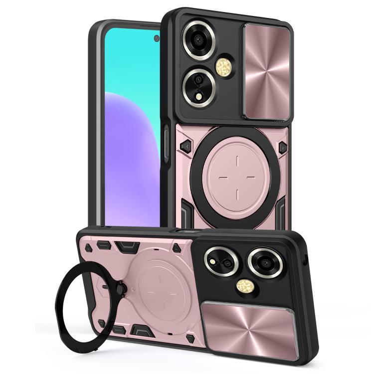 Phone case with sliding camshield and magnetic holder, black with pink accents