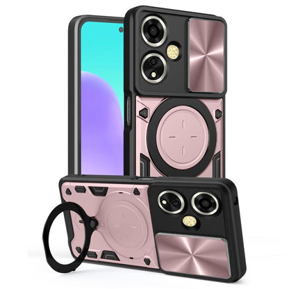 Phone case with sliding camshield and magnetic holder, black with pink accents