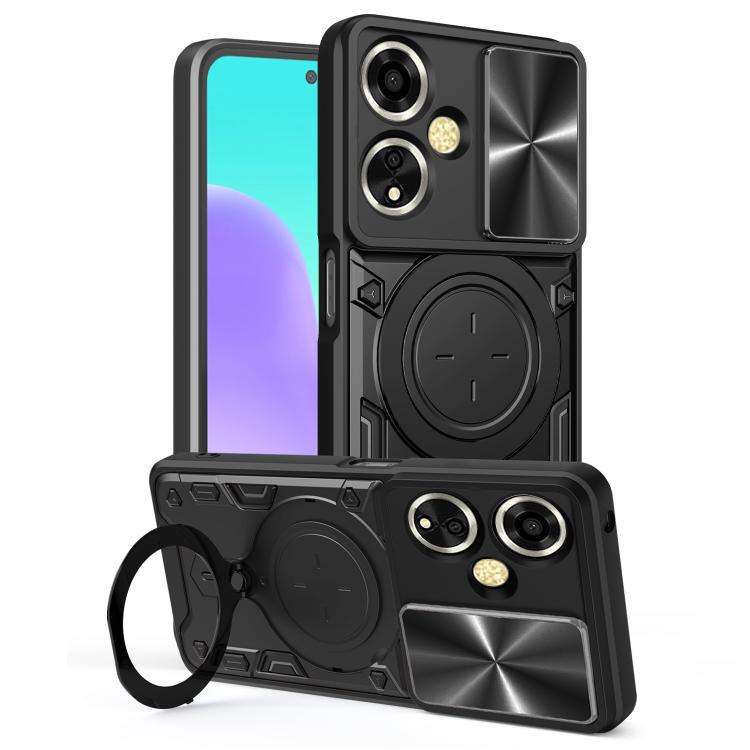 Phone case with sliding camshield and magnetic holder, black with gray accents