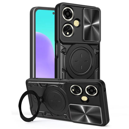 Phone case with sliding camshield and magnetic holder, black with gray accents