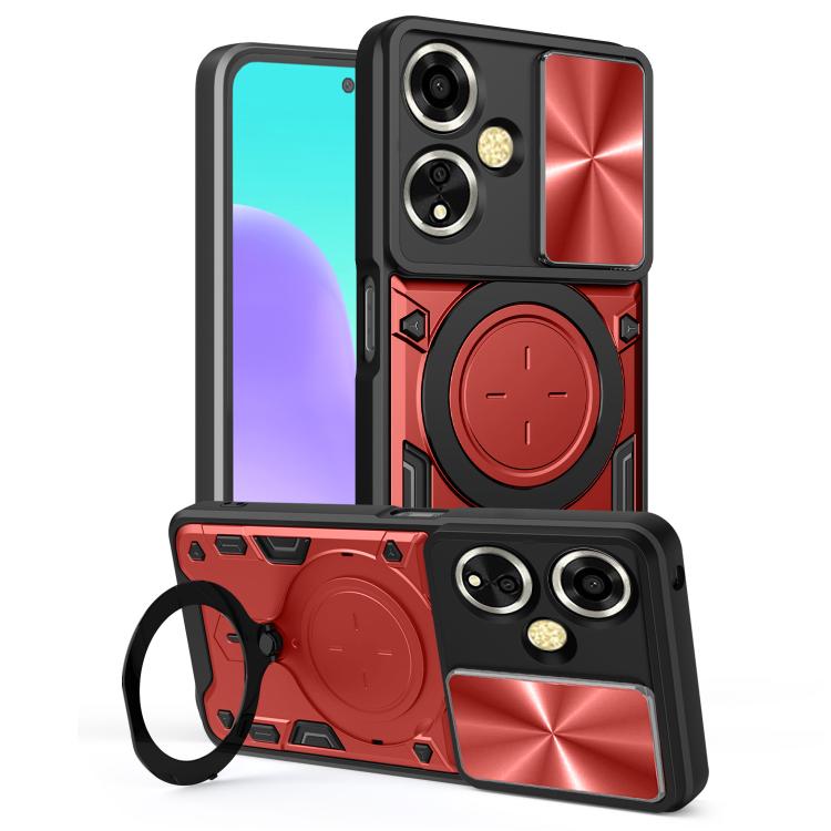 Phone case with sliding camshield and magnetic holder, black with red accents