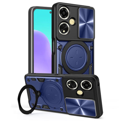 Phone case with sliding camshield and magnetic holder, black with blue accents