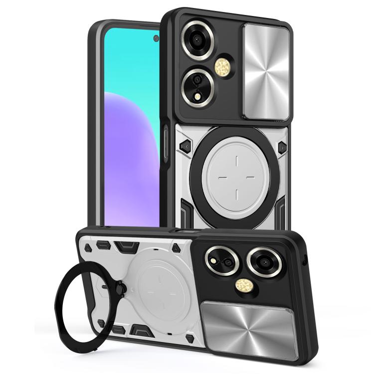 Phone case with sliding camshield and magnetic holder, black with silver accents