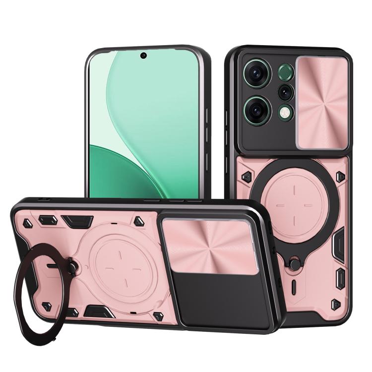 Sliding camshield magnetic phone case, pink with circular magnetic holder and camera shield.